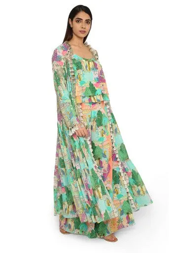 Qamar Grey Printed Georgette Embroidered Frill Jacket With Peach Printed Crepe Two Layer Top And Palazzo