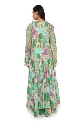 Qamar Grey Printed Georgette Embroidered Frill Jacket With Peach Printed Crepe Two Layer Top And Palazzo
