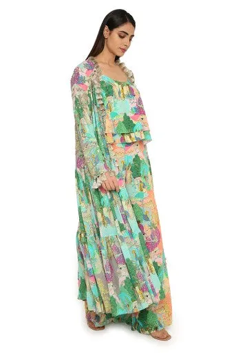 Qamar Grey Printed Georgette Embroidered Frill Jacket With Peach Printed Crepe Two Layer Top And Palazzo