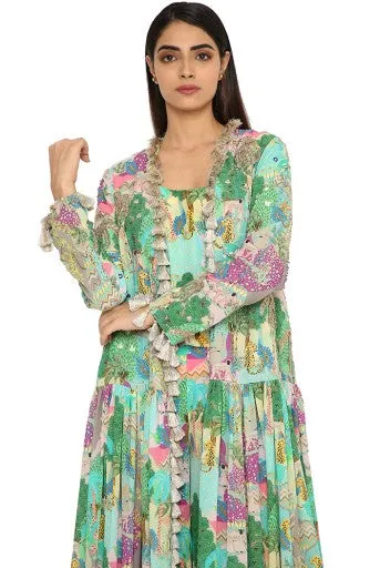 Qamar Grey Printed Georgette Embroidered Frill Jacket With Peach Printed Crepe Two Layer Top And Palazzo