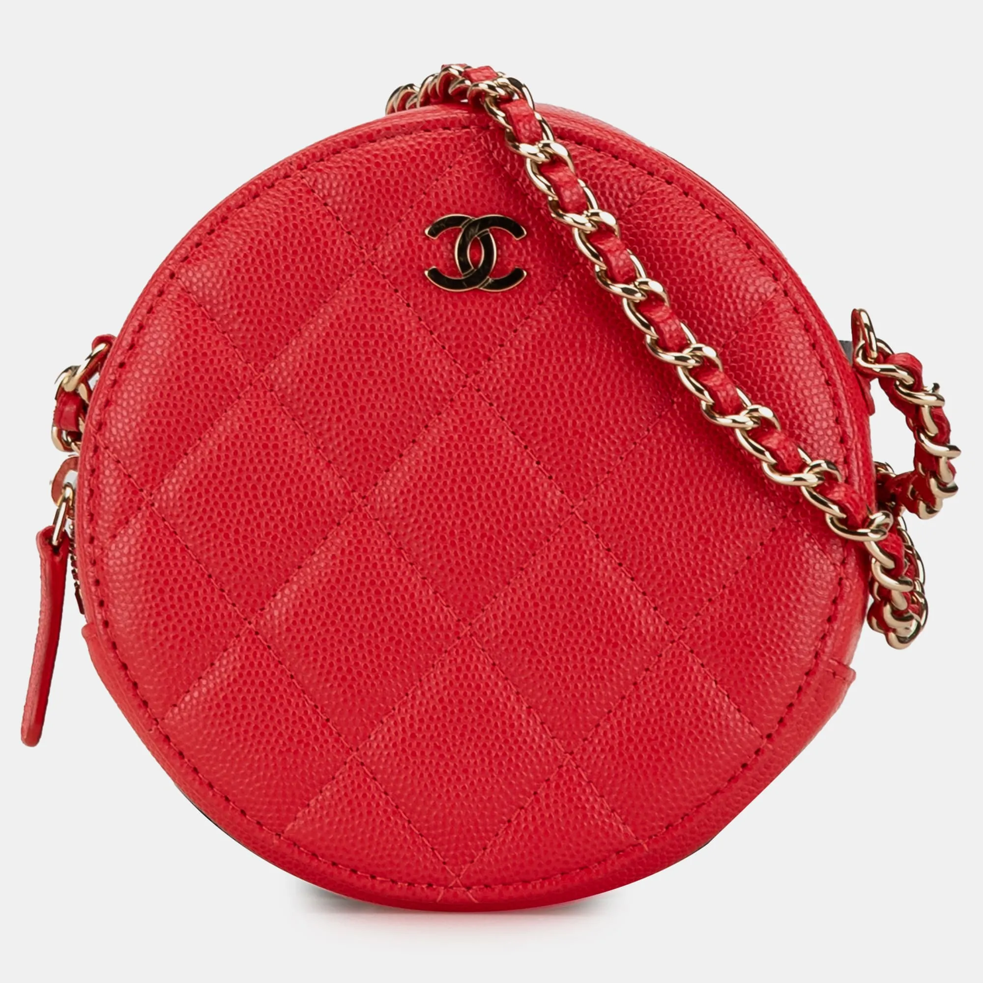Quilted Caviar Round Clutch With Chain