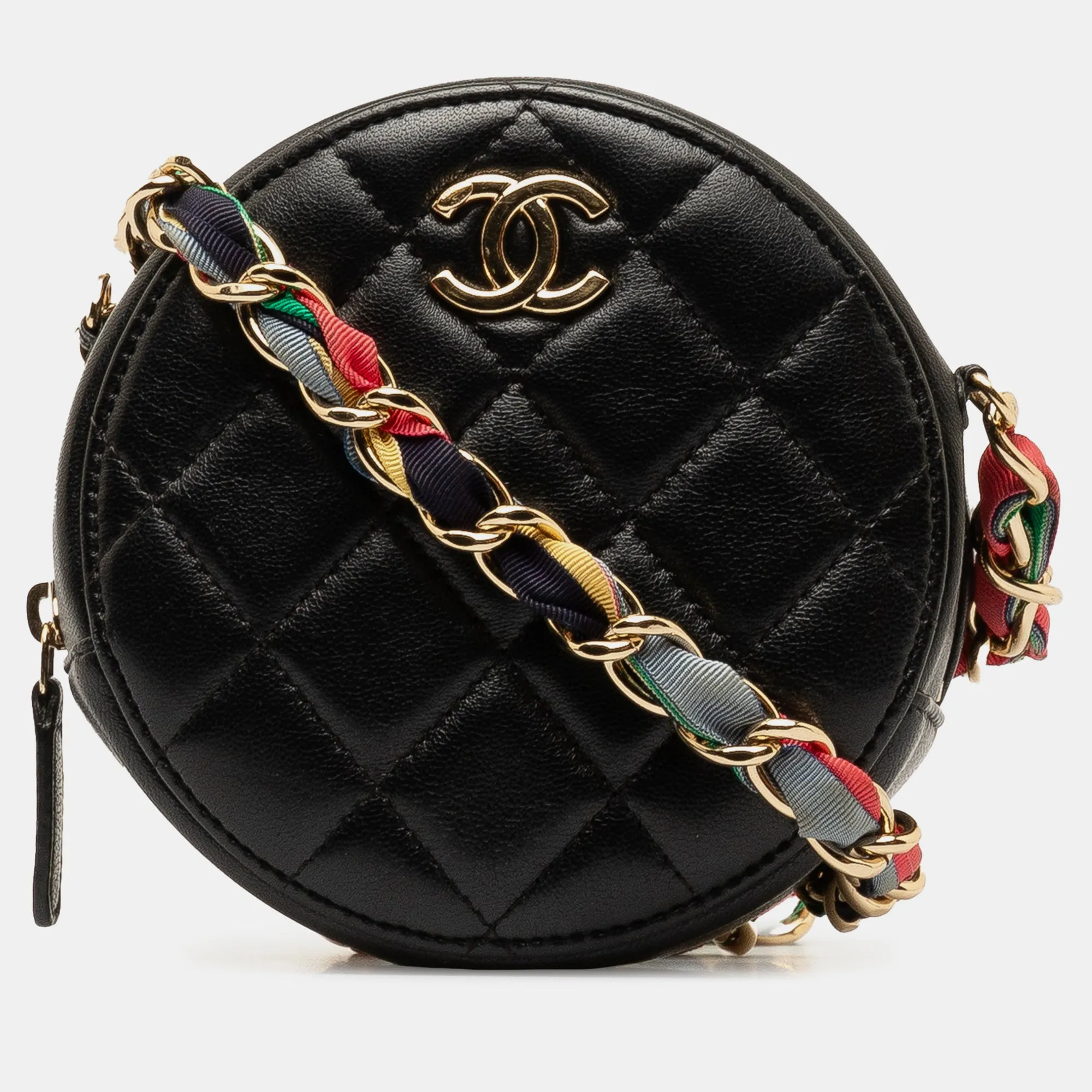 Quilted Lambskin Ribbon Round Clutch With Chain