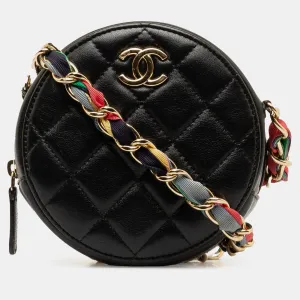 Quilted Lambskin Ribbon Round Clutch With Chain