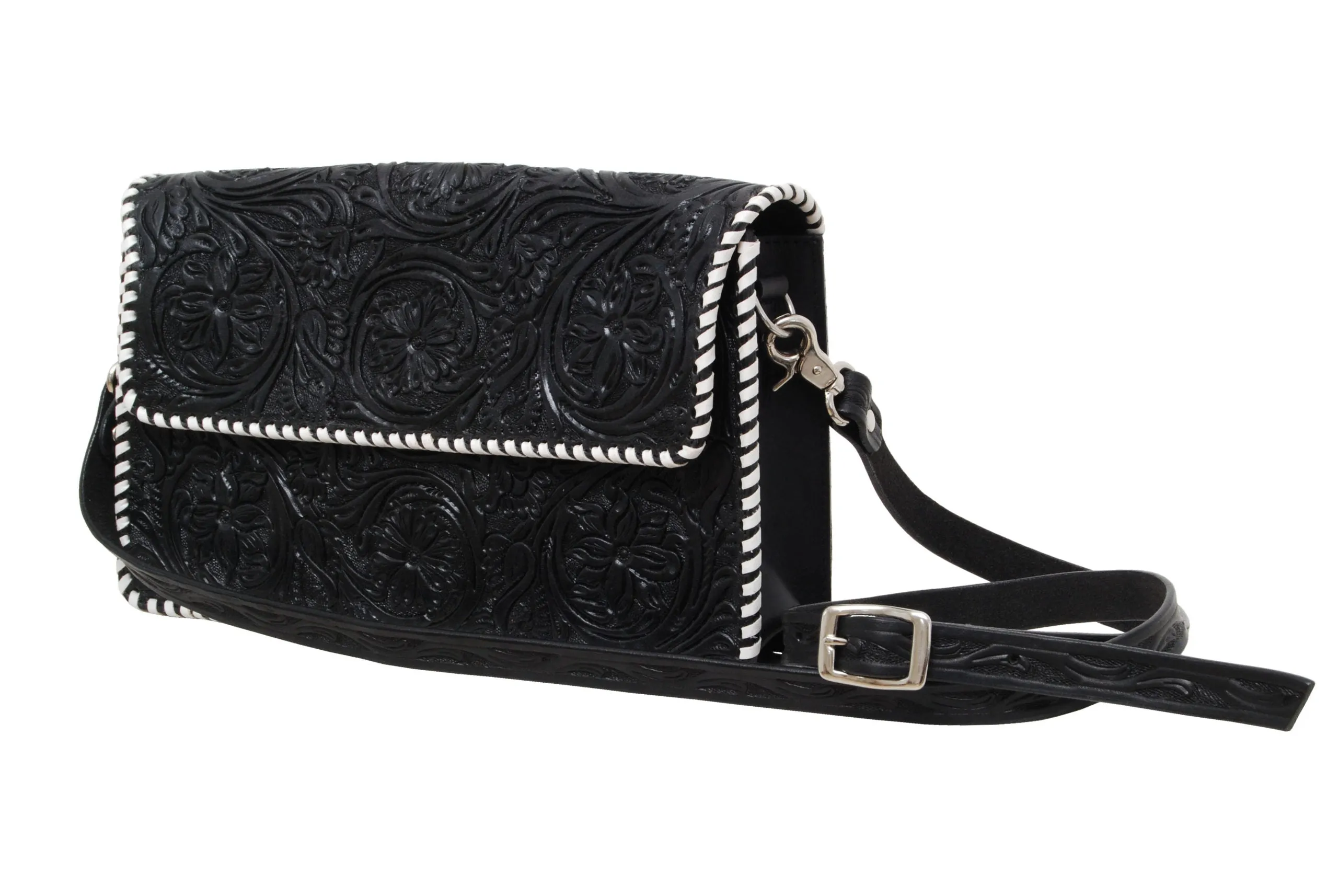 Rafter T Ranch Black Floral Tooled with White Whipstitch Crossbody Bag