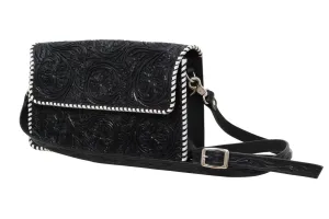 Rafter T Ranch Black Floral Tooled with White Whipstitch Crossbody Bag
