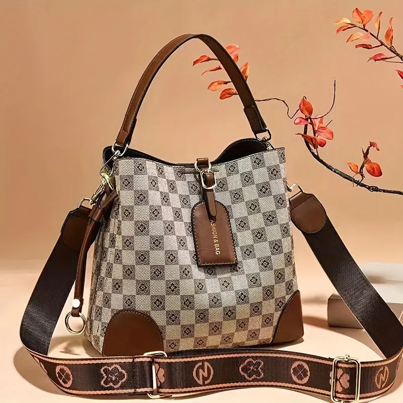 realaiot  Flower Checkered Bucket Bag, Fashion PU Leather Handbags, Women's Every Day Crossbody Bag
