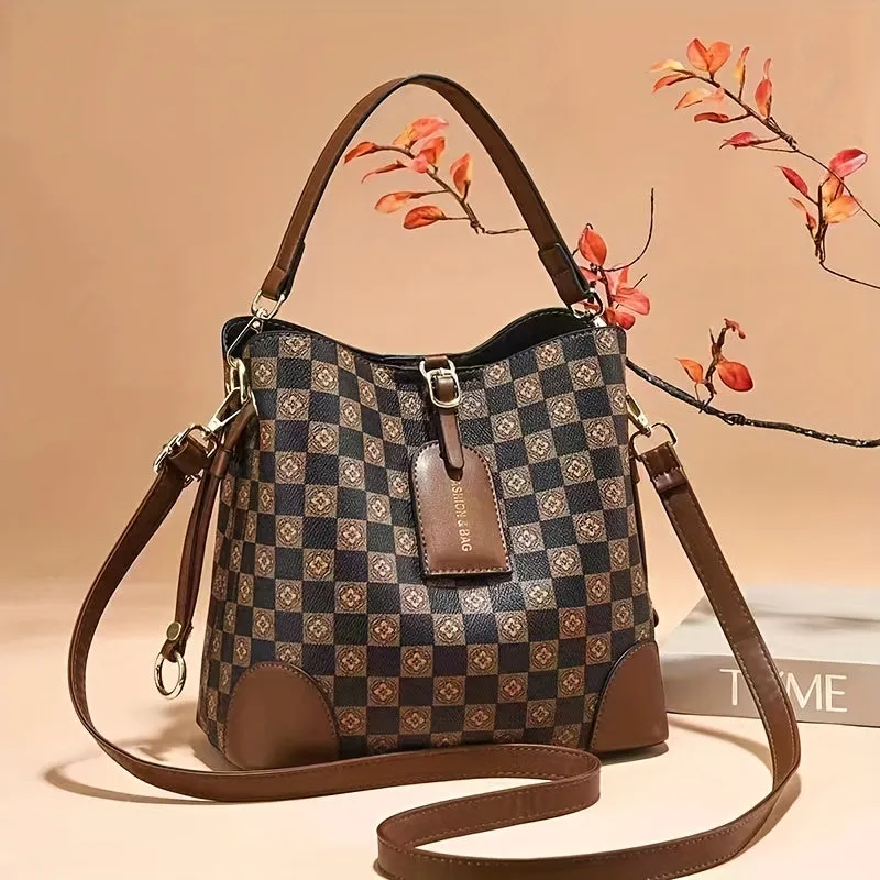 realaiot  Flower Checkered Bucket Bag, Fashion PU Leather Handbags, Women's Every Day Crossbody Bag
