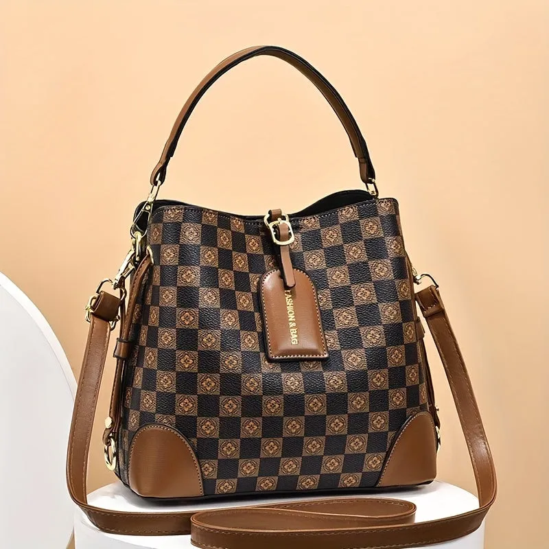 realaiot  Flower Checkered Bucket Bag, Fashion PU Leather Handbags, Women's Every Day Crossbody Bag