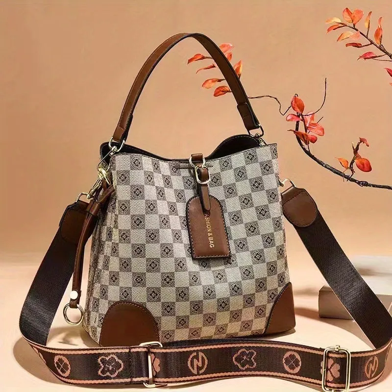 realaiot  Flower Checkered Bucket Bag, Fashion PU Leather Handbags, Women's Every Day Crossbody Bag