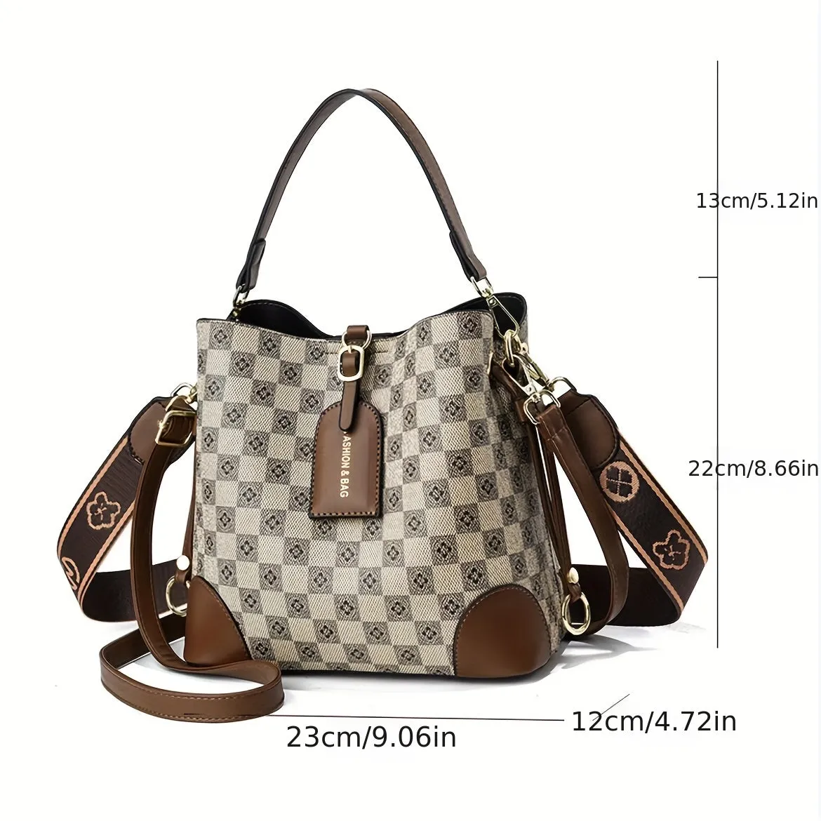 realaiot  Flower Checkered Bucket Bag, Fashion PU Leather Handbags, Women's Every Day Crossbody Bag