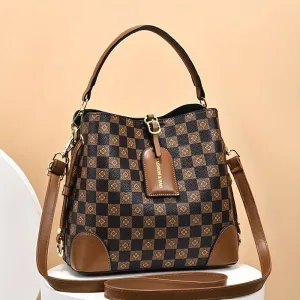 realaiot  Flower Checkered Bucket Bag, Fashion PU Leather Handbags, Women's Every Day Crossbody Bag