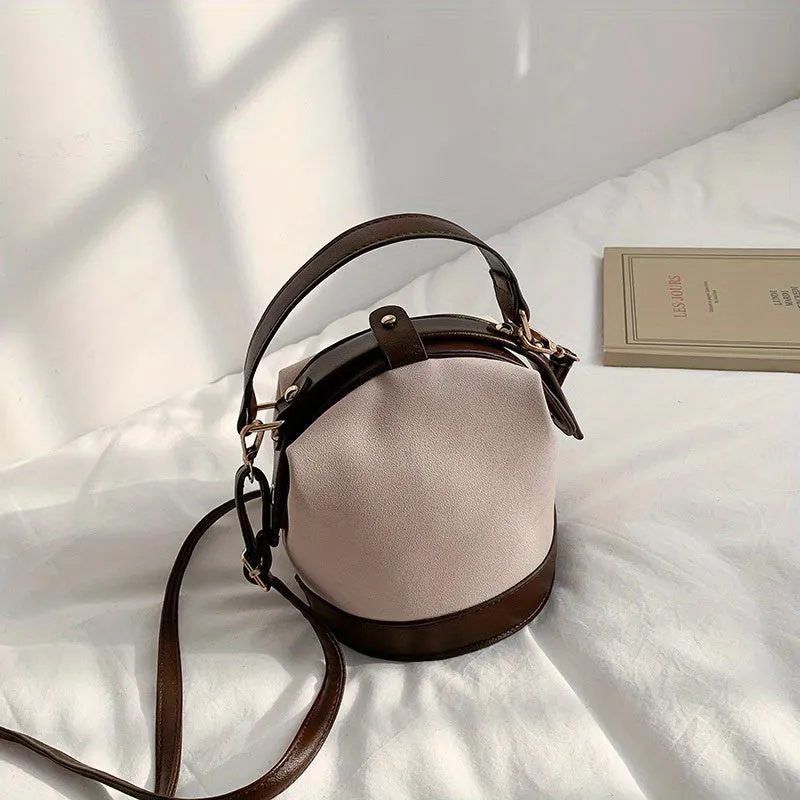 realaiot  Vintage Suede Bucket Bag, Small Stylish Crossbody Bag, Women's Fashion Snap Button Handbags