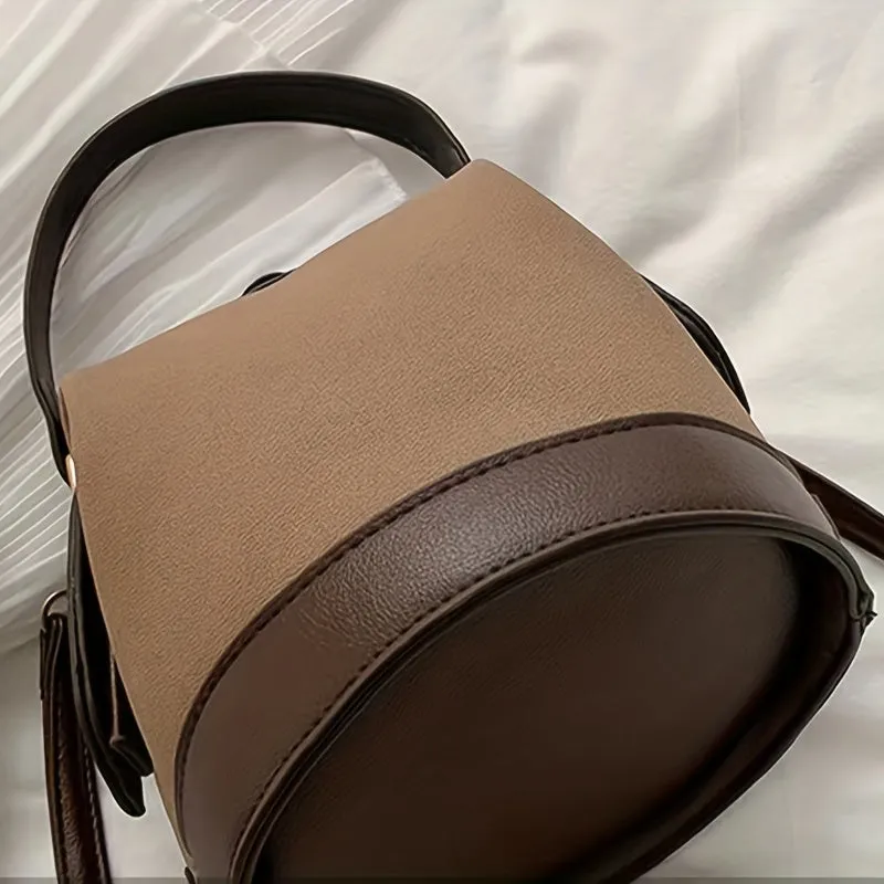 realaiot  Vintage Suede Bucket Bag, Small Stylish Crossbody Bag, Women's Fashion Snap Button Handbags