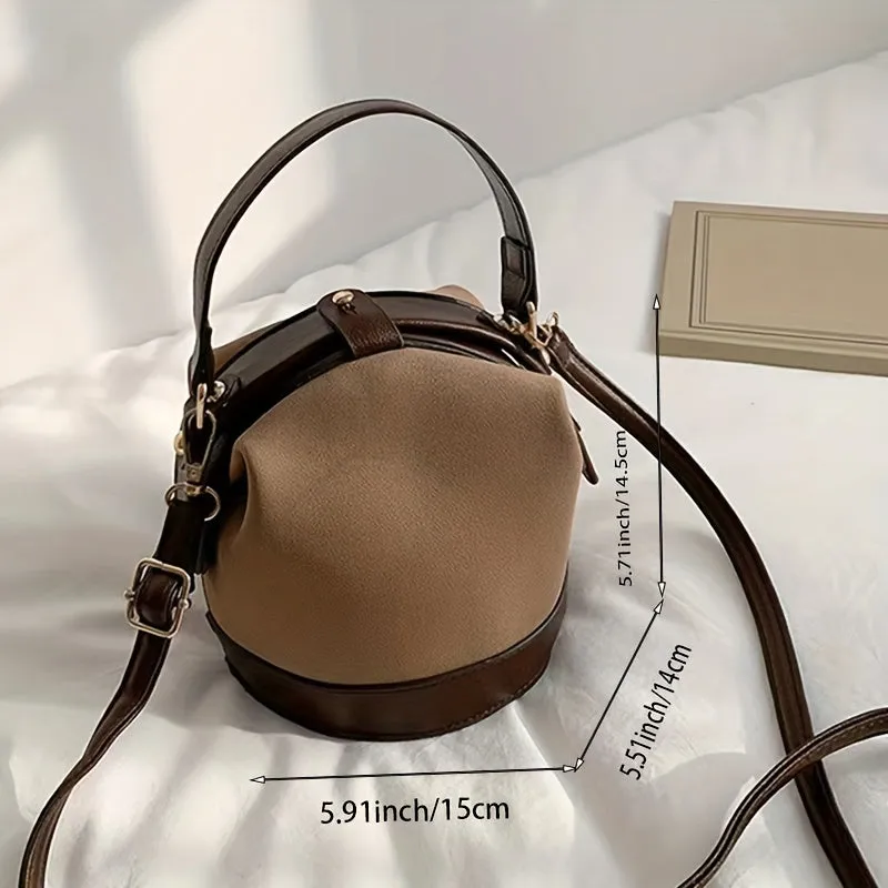 realaiot  Vintage Suede Bucket Bag, Small Stylish Crossbody Bag, Women's Fashion Snap Button Handbags