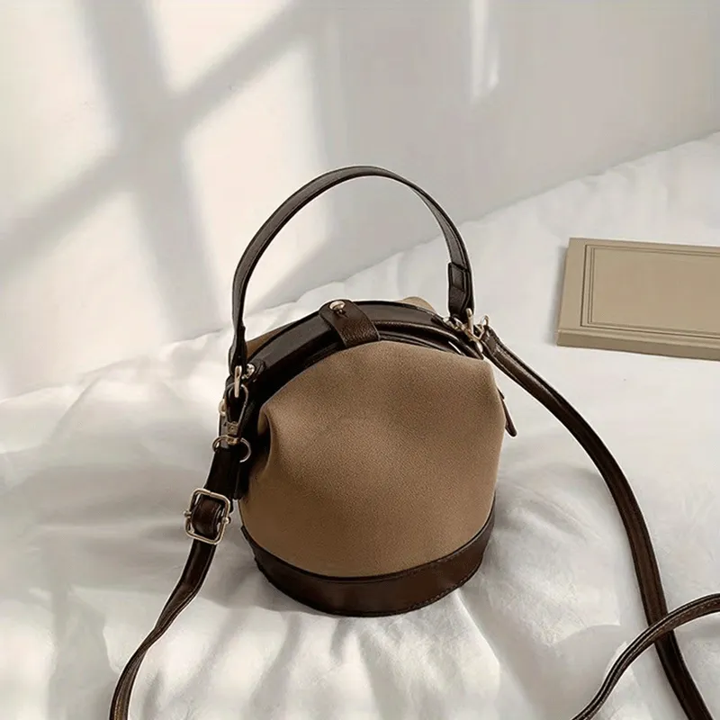 realaiot  Vintage Suede Bucket Bag, Small Stylish Crossbody Bag, Women's Fashion Snap Button Handbags