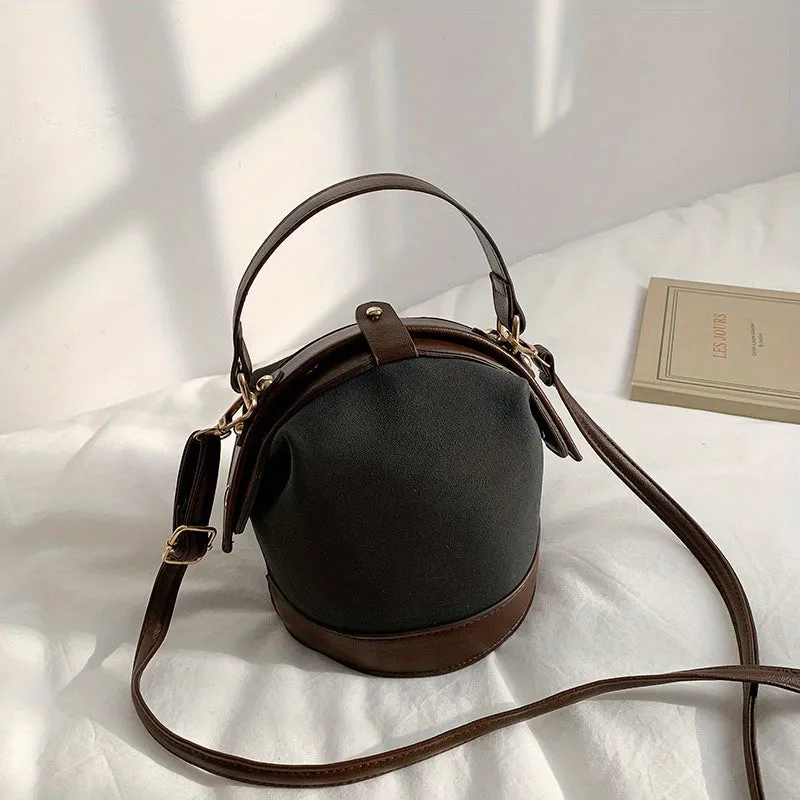 realaiot  Vintage Suede Bucket Bag, Small Stylish Crossbody Bag, Women's Fashion Snap Button Handbags