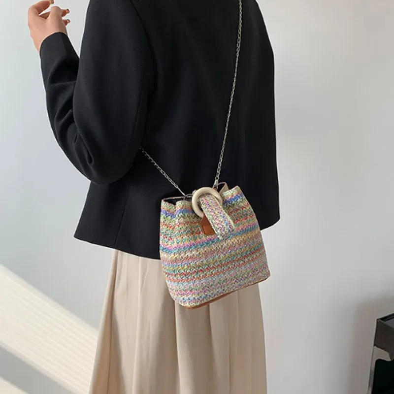 Realaiot Women Retro Weave Bucket Messenger Bag for Women New Trend Colorful Ethnic Style Female Crossbody Shoulder Bag Casual Handbags