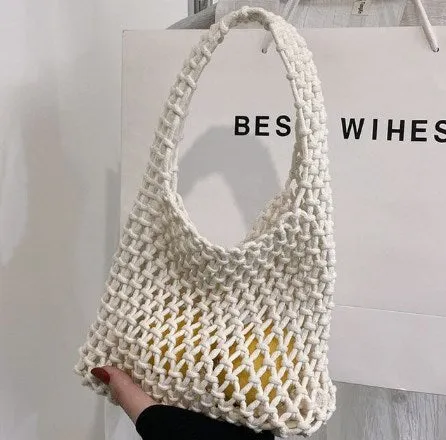 Realaiot Women Summer Fashion Knitting Small Woven Crochet Bag Silk Weaving Satin Ribbon Green Purple Orange ClutchesMini Handbags Gifts for Women