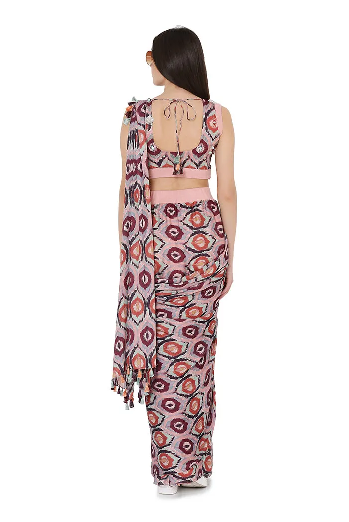 RED PRINTED ART SILK STITCHED SAREE