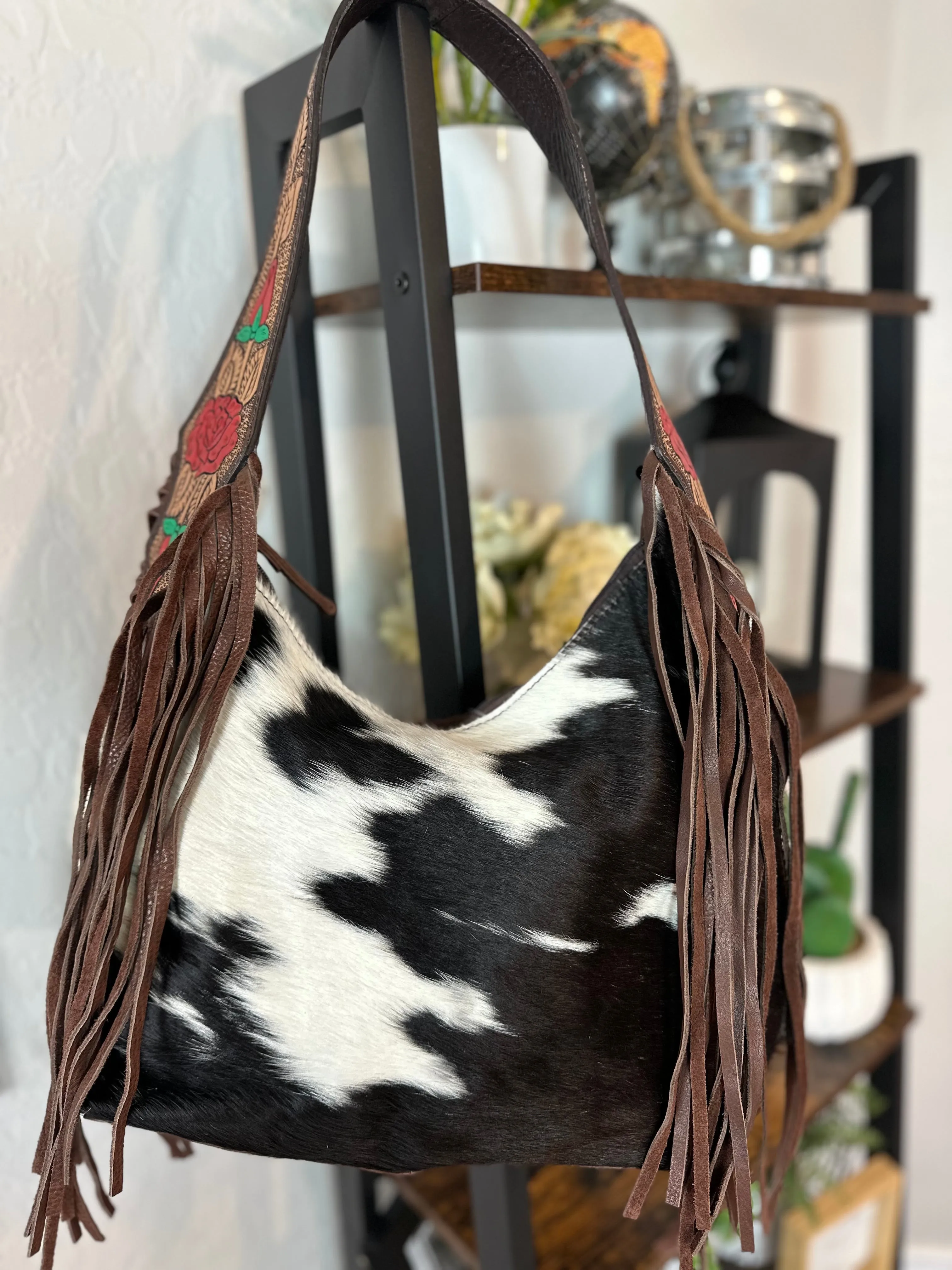 Rose Leather Tooled and Cowhide Fringe Hobo Purse