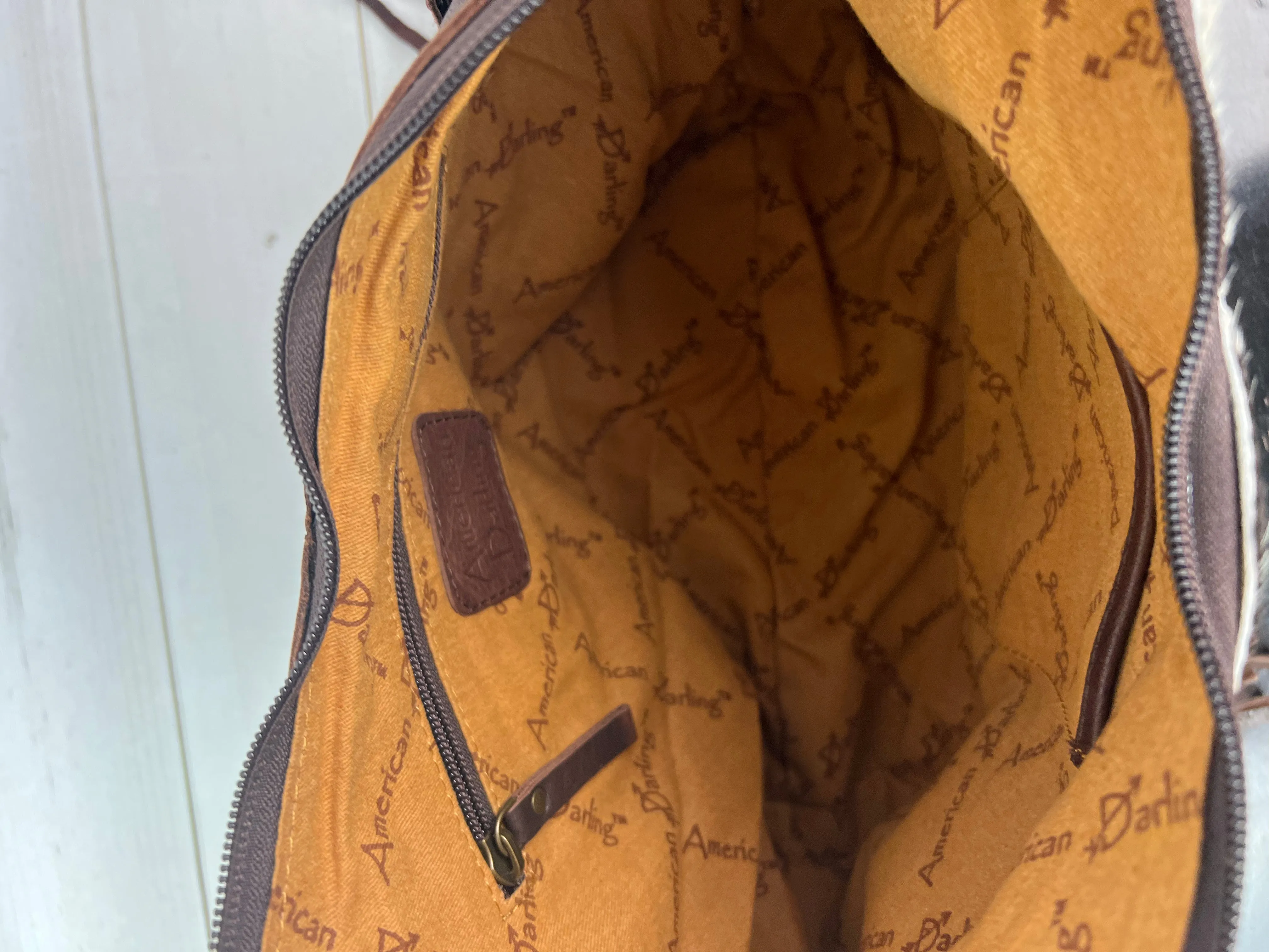 Rose Leather Tooled and Cowhide Fringe Hobo Purse