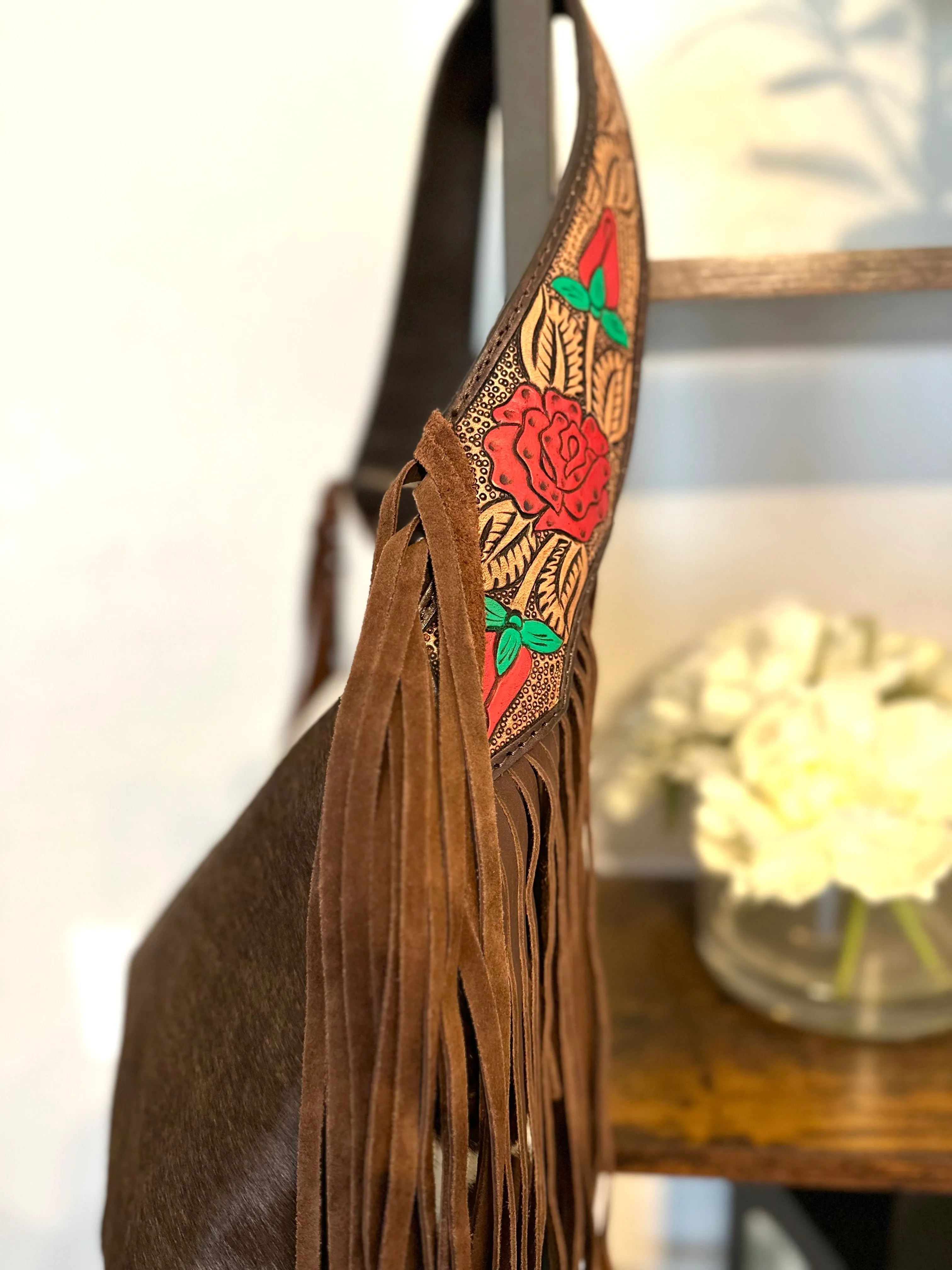 Rose Leather Tooled and Cowhide Fringe Hobo Purse
