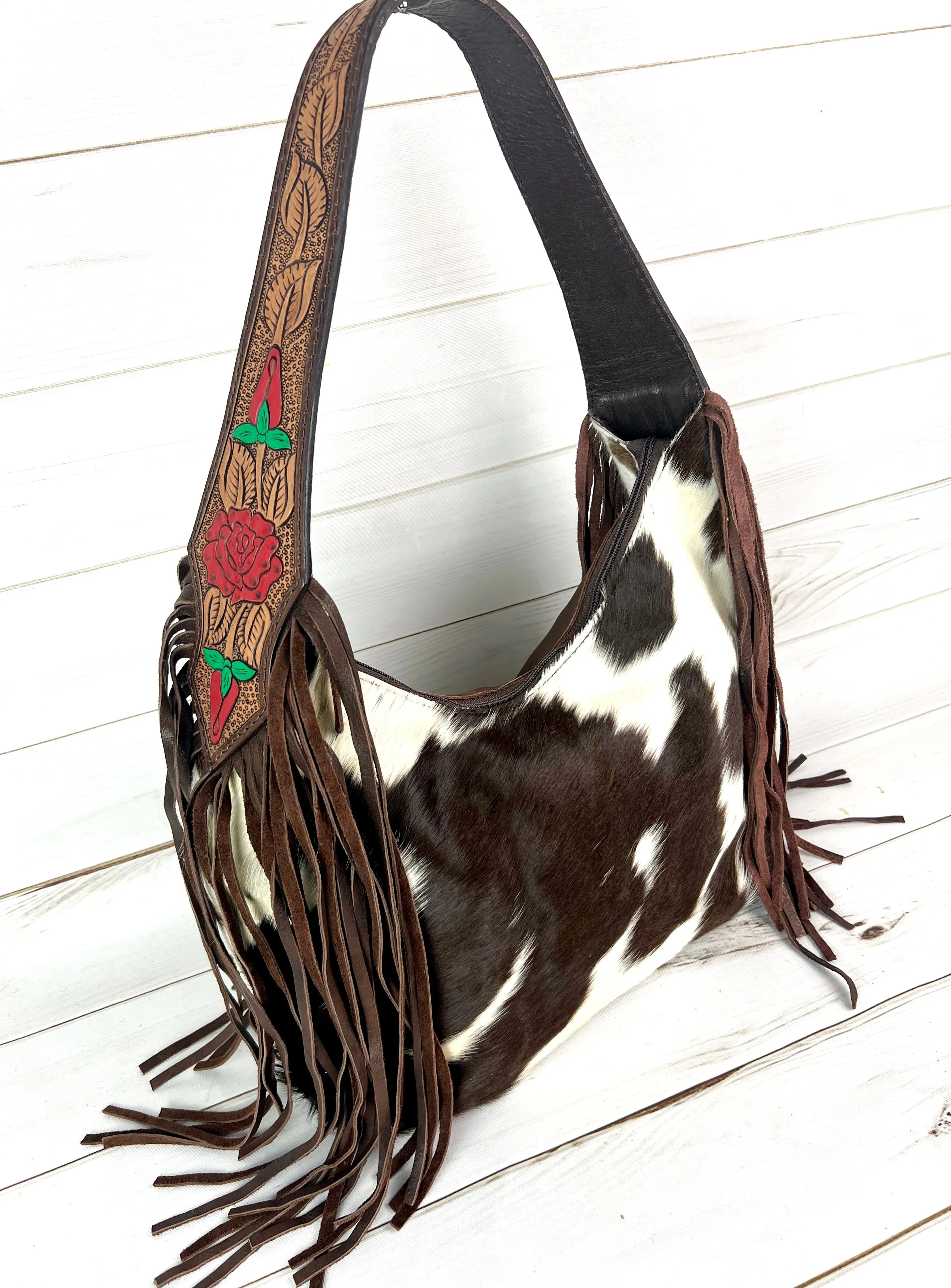 Rose Leather Tooled and Cowhide Fringe Hobo Purse
