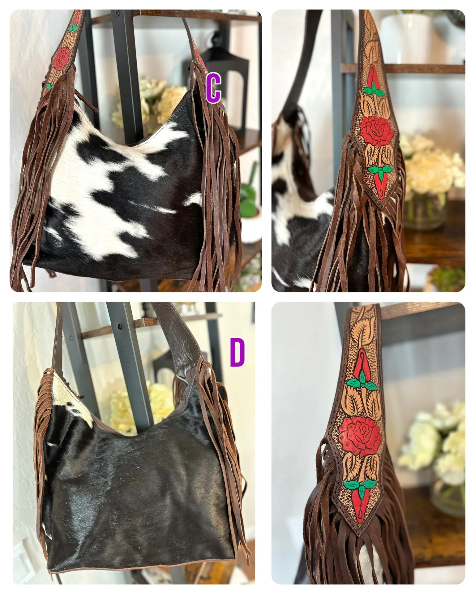 Rose Leather Tooled and Cowhide Fringe Hobo Purse