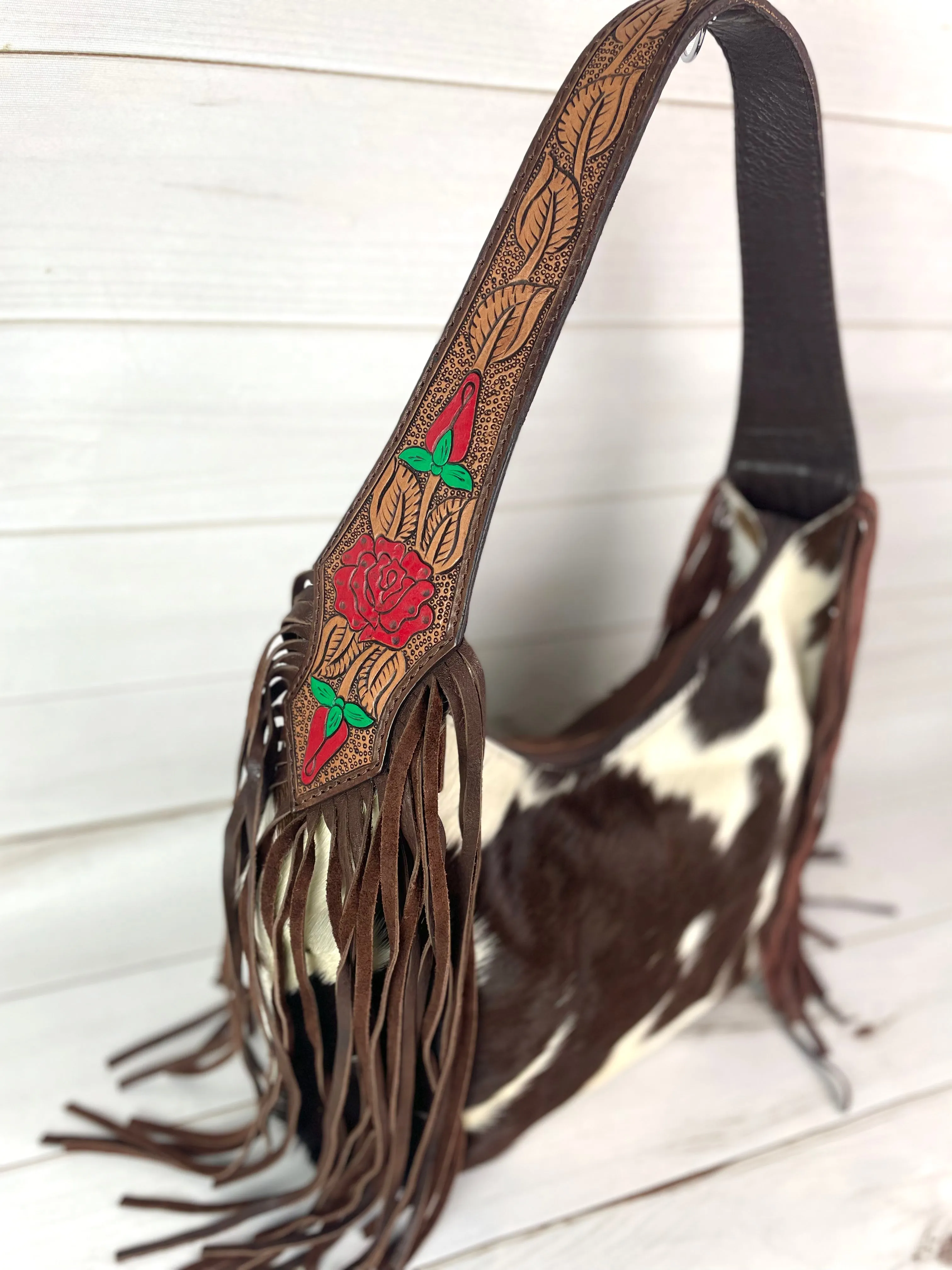 Rose Leather Tooled and Cowhide Fringe Hobo Purse