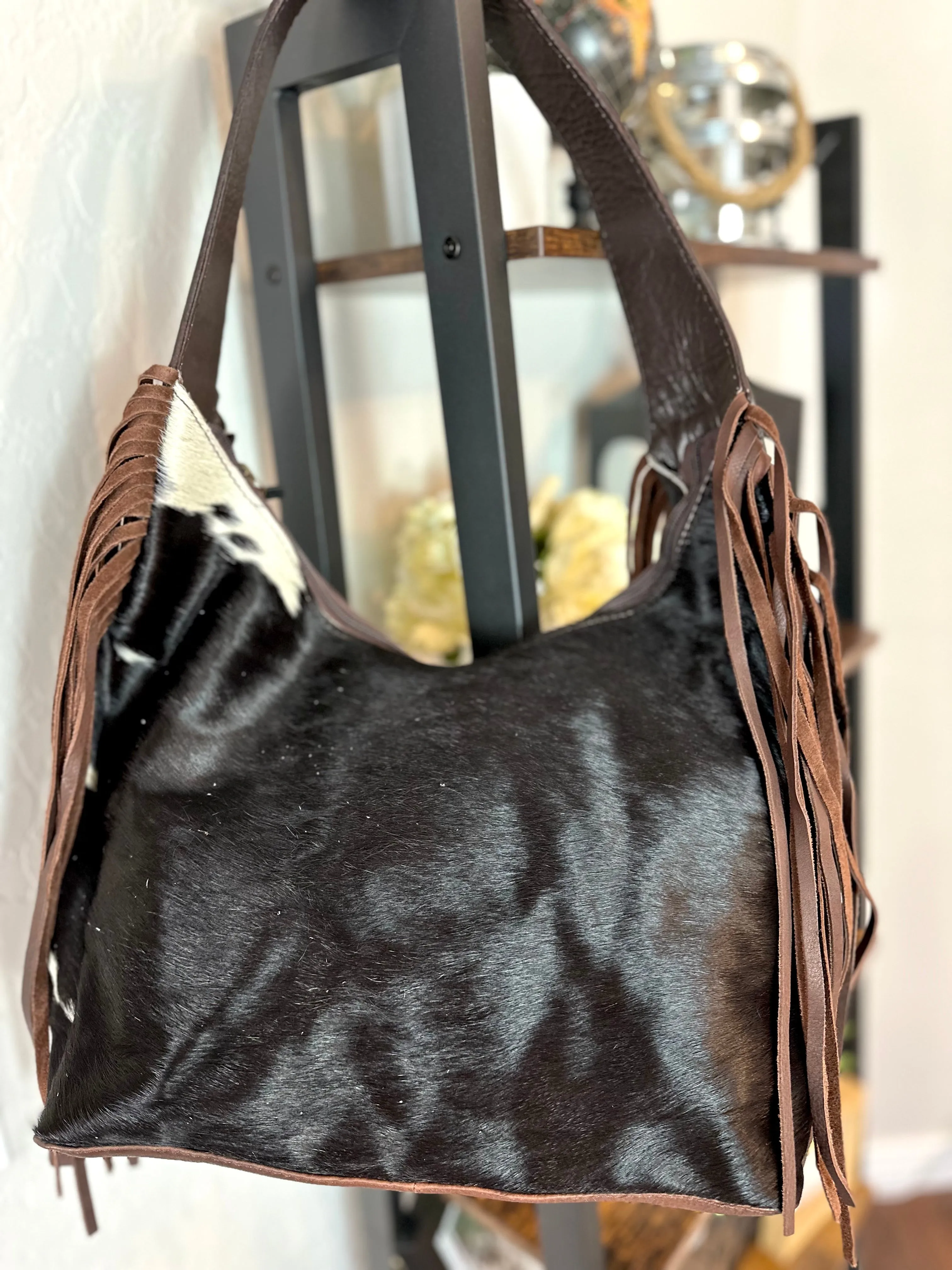 Rose Leather Tooled and Cowhide Fringe Hobo Purse
