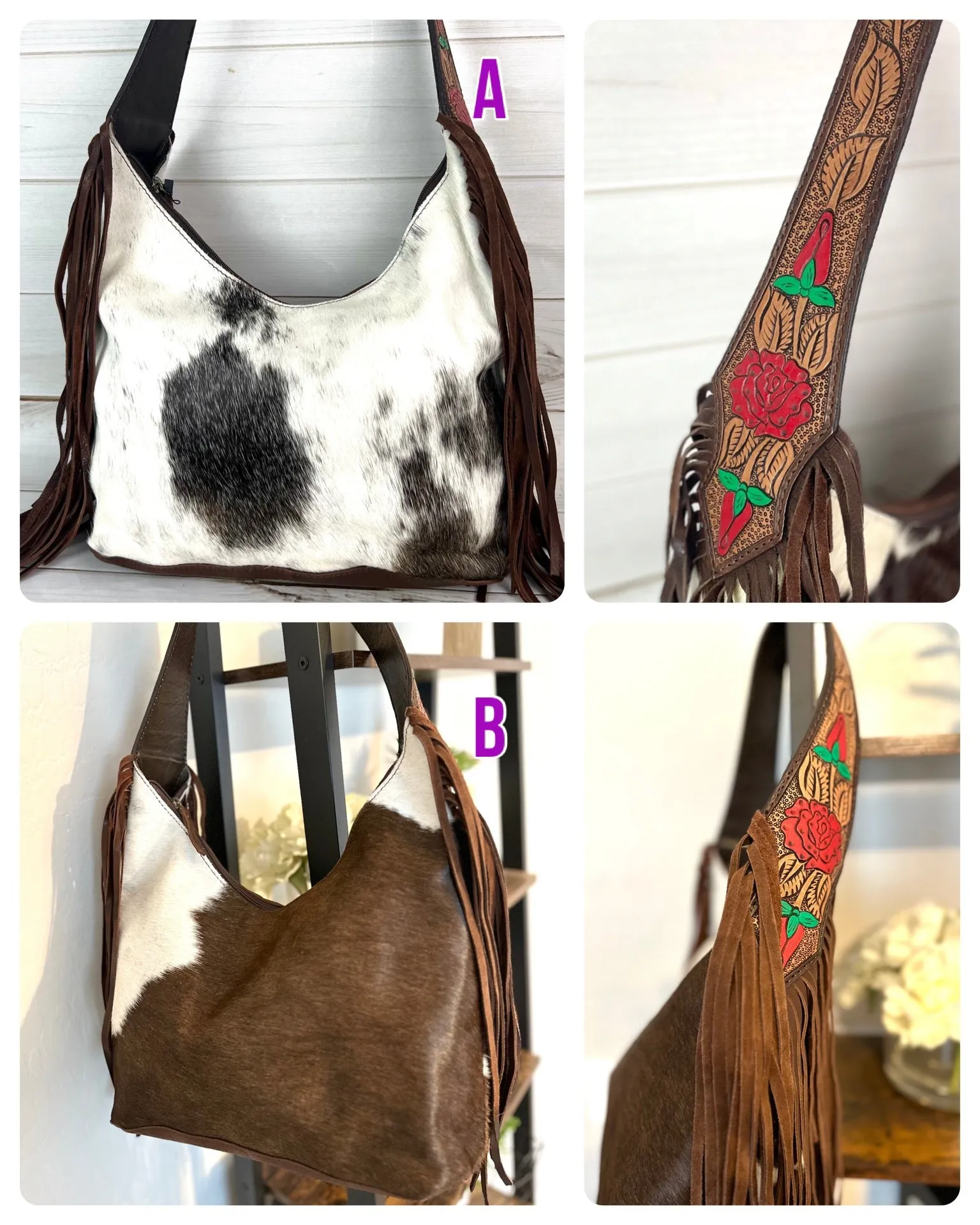 Rose Leather Tooled and Cowhide Fringe Hobo Purse
