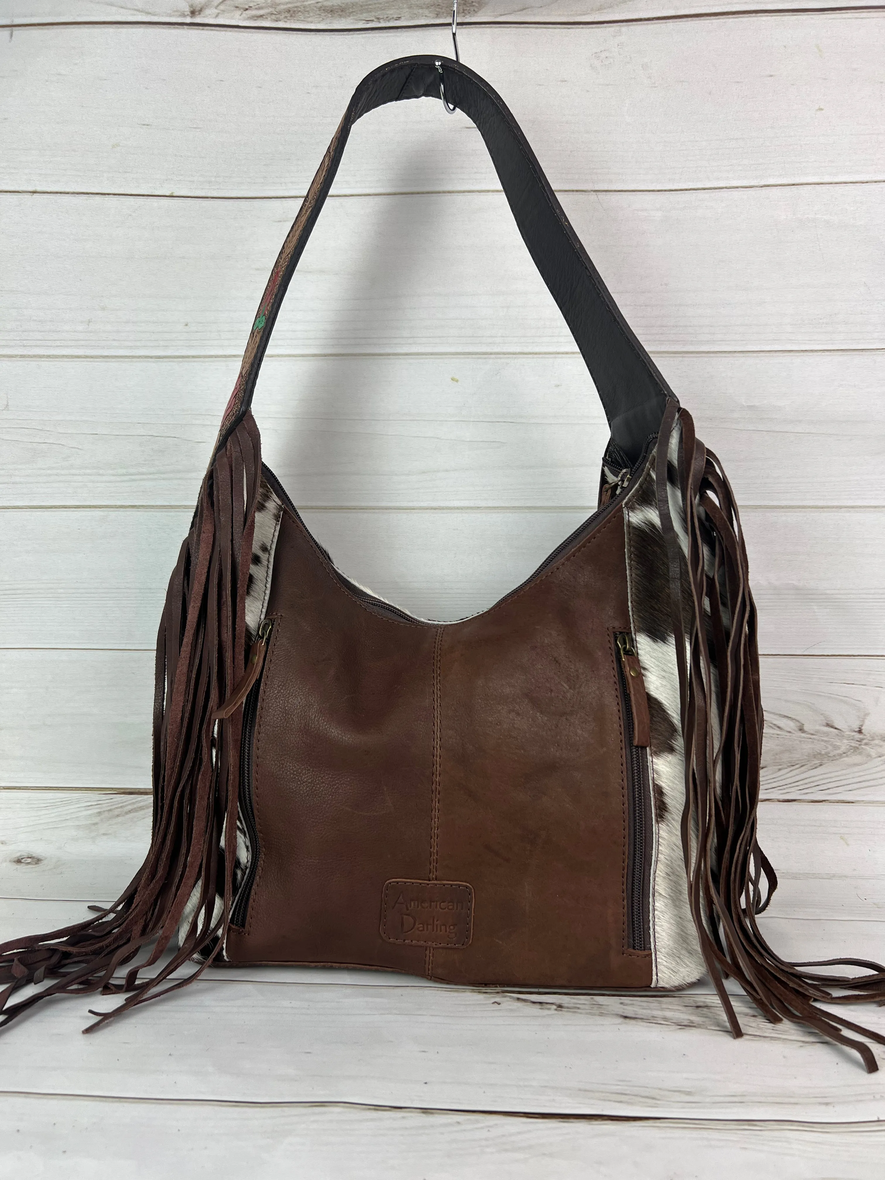 Rose Leather Tooled and Cowhide Fringe Hobo Purse