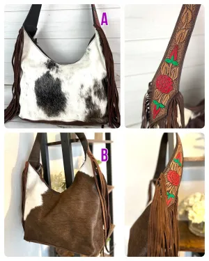Rose Leather Tooled and Cowhide Fringe Hobo Purse