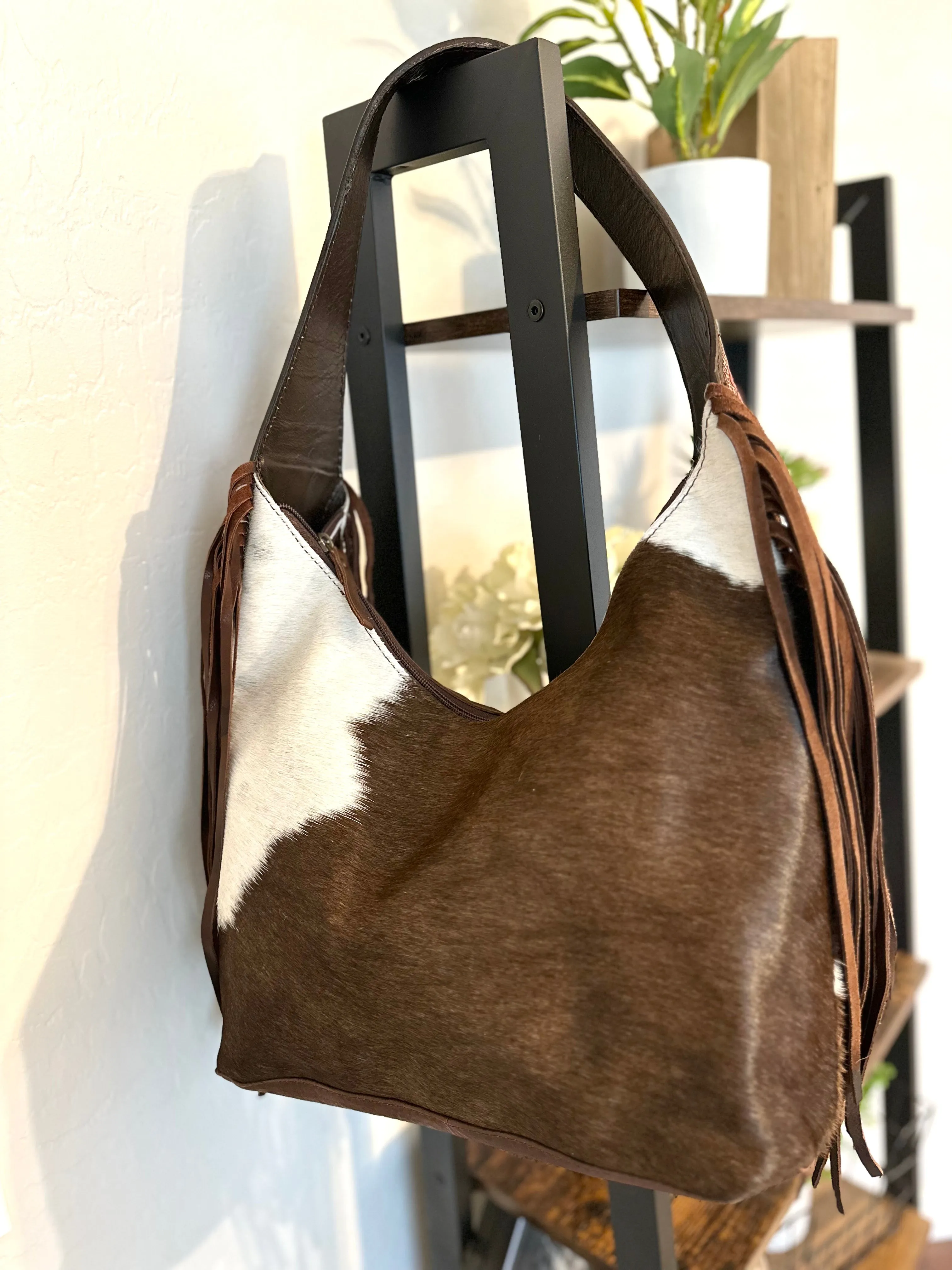 Rose Leather Tooled and Cowhide Fringe Hobo Purse