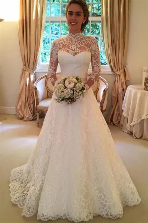 Roycebridal High Neckline Lace A line Long Sleeve Open Back Wedding Dress, Bridal Dresses, MW166