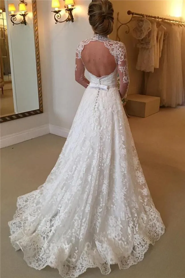 Roycebridal High Neckline Lace A line Long Sleeve Open Back Wedding Dress, Bridal Dresses, MW166