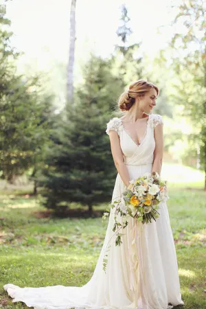 Roycebridal Sheer Back Deep V Neck Short Sleeve Wedding Dresses With Appliques, MW133