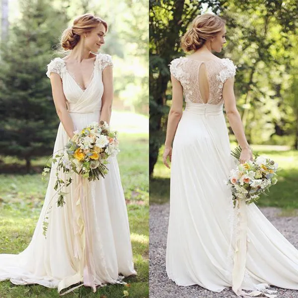 Roycebridal Sheer Back Deep V Neck Short Sleeve Wedding Dresses With Appliques, MW133