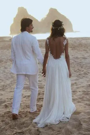 Roycebridal Simple White Chiffon Open Back Straps A-line Wedding Dresses with Appliques, MW216