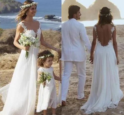 Roycebridal Simple White Chiffon Open Back Straps A-line Wedding Dresses with Appliques, MW216