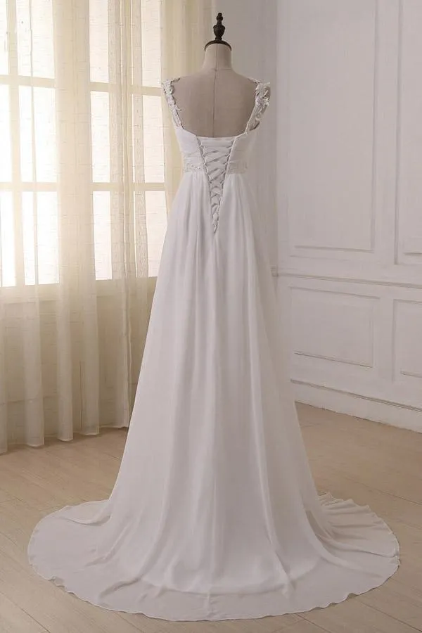 Roycebridal Simple White Chiffon V Neck Straps Wedding Dresses with Sweep Train, MW233