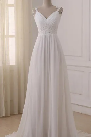 Roycebridal Simple White Chiffon V Neck Straps Wedding Dresses with Sweep Train, MW233