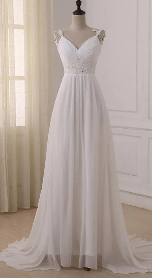 Roycebridal Simple White Chiffon V Neck Straps Wedding Dresses with Sweep Train, MW233