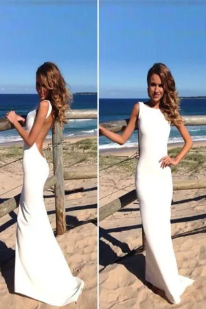 Roycebridal Simple White Sheath Sleeveless Backless Floor Length Beach Wedding Dresses, MW215