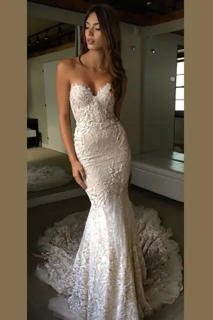 Roycebridal Strapless Open Back Sweetheart Wedding Dresses With Trumpet Sweep Train, MW193