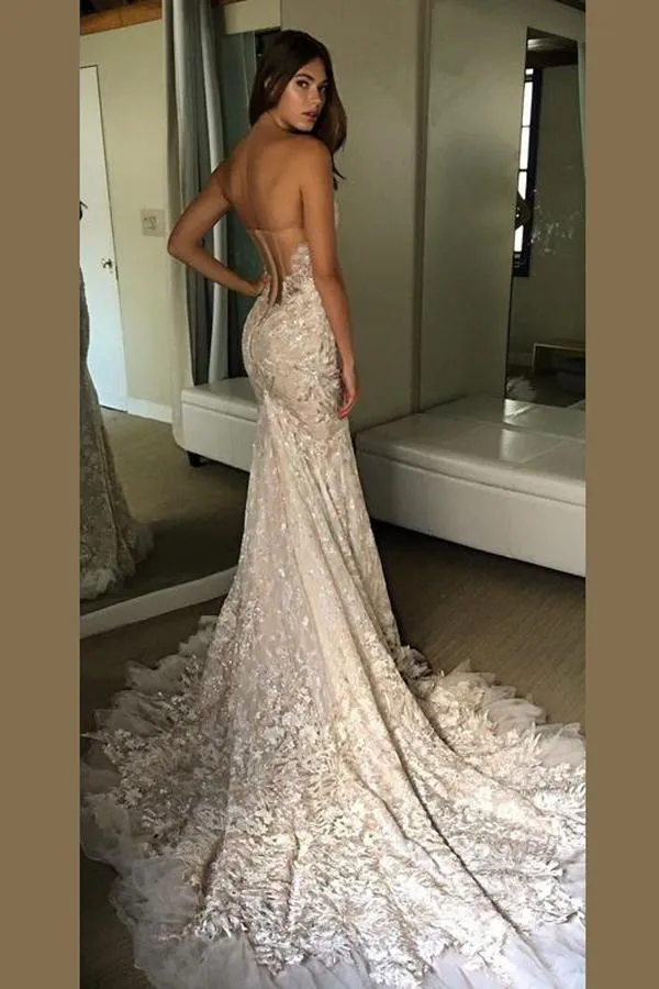 Roycebridal Strapless Open Back Sweetheart Wedding Dresses With Trumpet Sweep Train, MW193