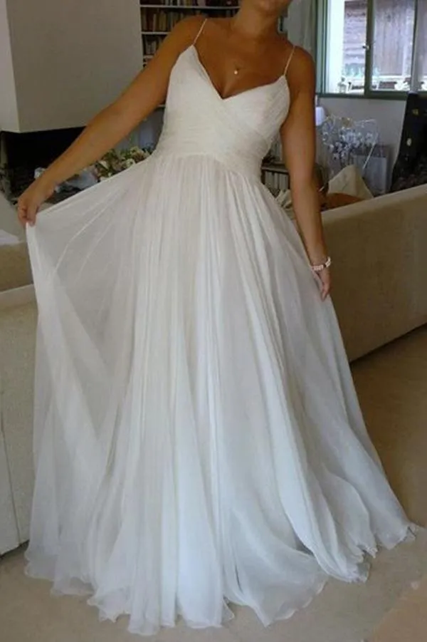 Roycebridal White A-line Chiffon Simple V-neck Spaghetti Straps Court Train Wedding Dresses, MW257