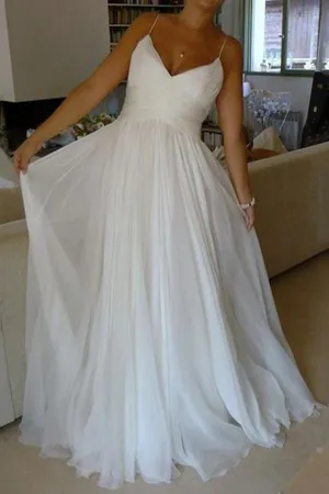 Roycebridal White A-line Chiffon Simple V-neck Spaghetti Straps Court Train Wedding Dresses, MW257