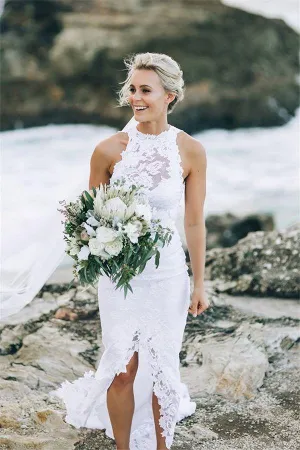 Roycebridal White Halter Lace Sweep Train Beach Wedding Dresses, Appliques Wedding Gown, MW161