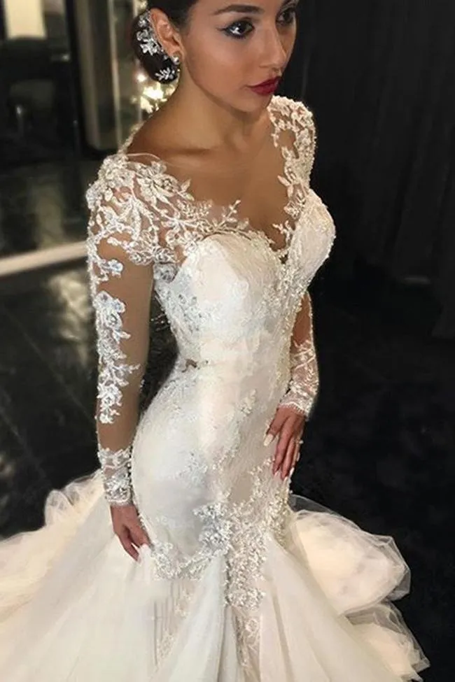 Roycebridal White Long Sleeve Lace See Through Wedding Dress, Elegant Bridal Dresses, MW189
